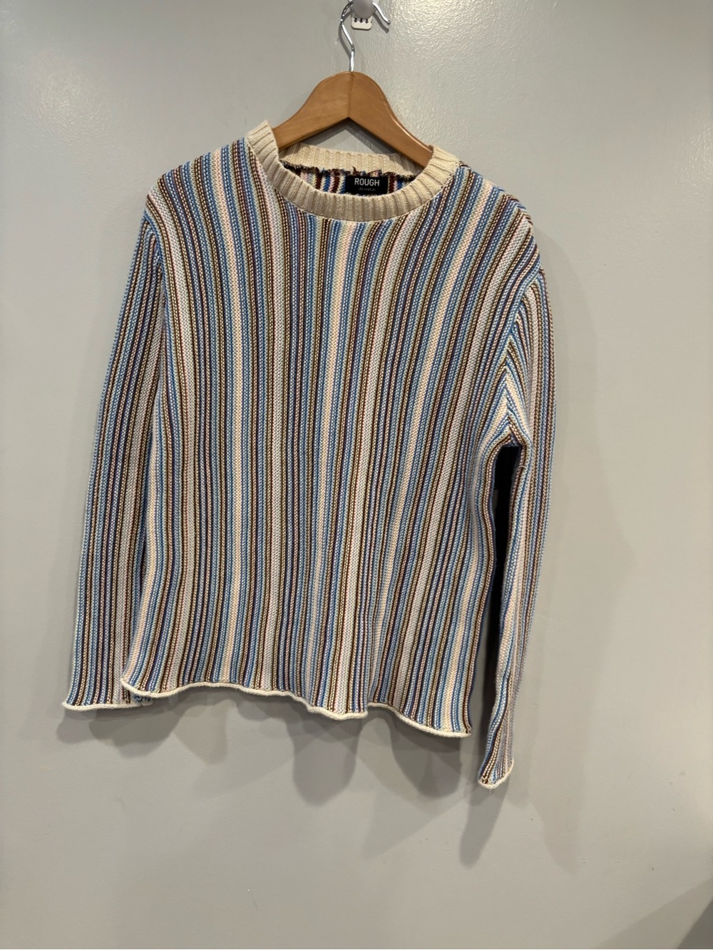 Rough Striped Crewneck Sweater in Cream, Blue & Brown